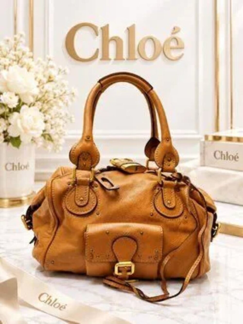 Authentic Chloe Paddington Tan Brown Leather Satchel Shoulder Bag Studded